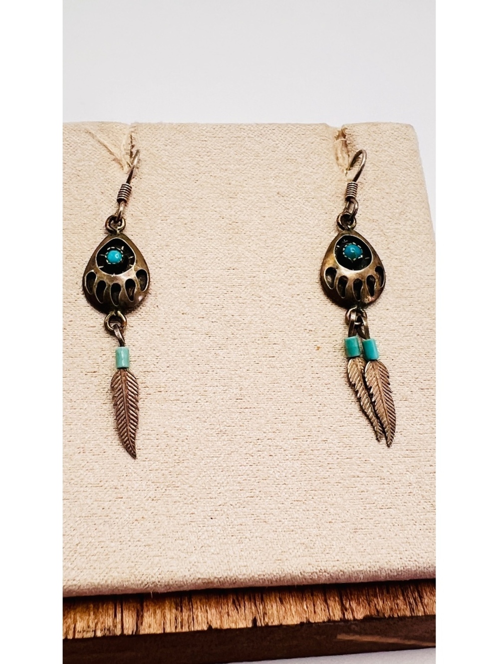 Vintage SA 925 Sterling Silver Turquoise Bear Paw Feather Dangle Earrings